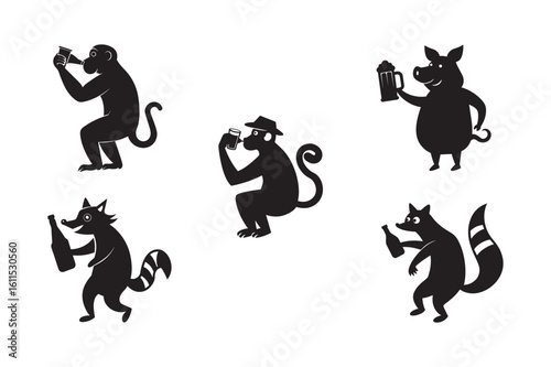 silhouette of funny animal drinking a beer, beer ,deer, dog , elephant ,and monkey set bundle on the white background.