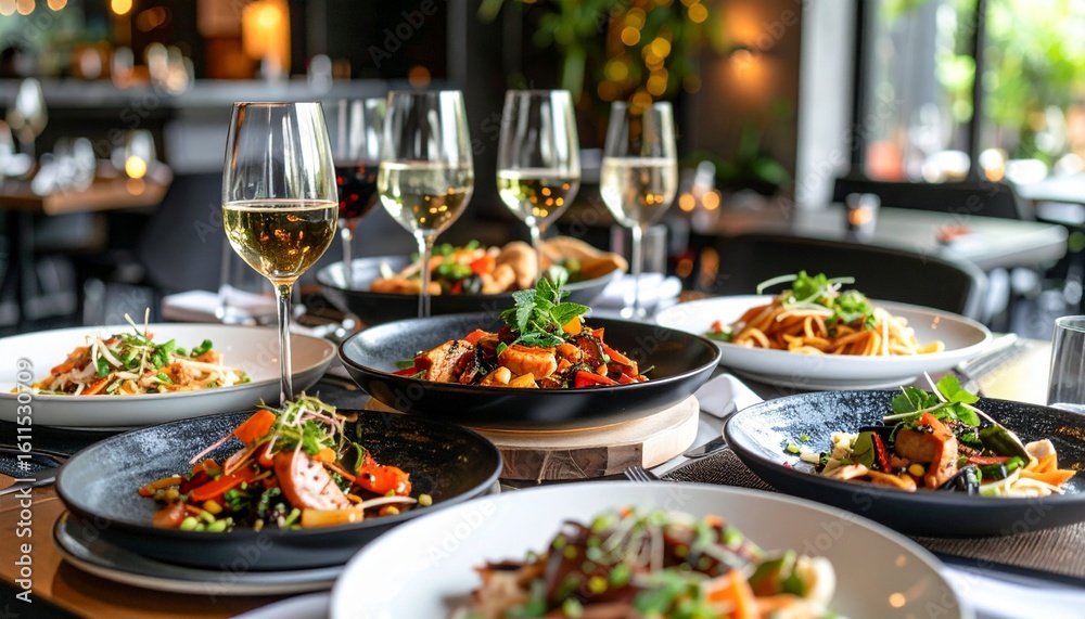 Delicious Restaurant Dinner Table with Wine, Pasta and Appetizers Delicious Restaurant Dinner Table with Wine, Pasta and Appetizers