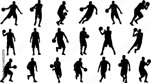 Basketball Player Silhouette Vector Set – Dynamic Action Poses in Different Styles on White Background
