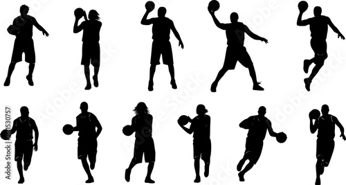 Basketball Player Silhouette Vector Set – Dynamic Action Poses in Different Styles on White Background
