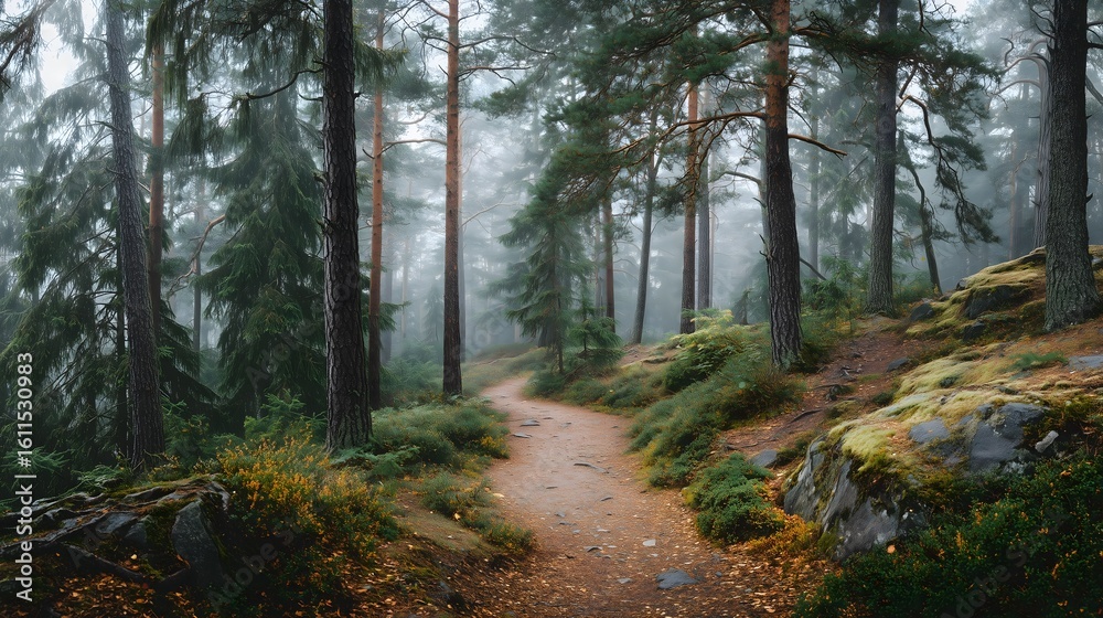 Fototapeta premium Winding Dirt Path Through A Dense Foggy Forest With Tall Pine Trees