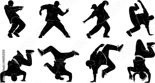 Hip-Hop and Breakdance Dancer Silhouette Vector Set – Urban Street Dance Poses on White Background
