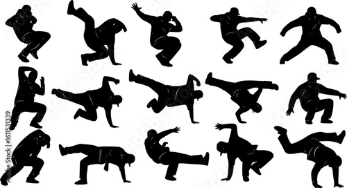Hip-Hop and Breakdance Dancer Silhouette Vector Set – Urban Street Dance Poses on White Background
