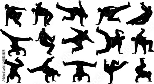 Hip-Hop and Breakdance Dancer Silhouette Vector Set – Urban Street Dance Poses on White Background

