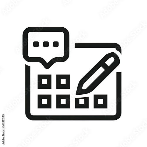 Dark icon of a tablet with a chat bubble and pen