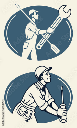 Vintage style worker with tools graphic illustration
