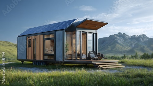 Modern Tiny House On Wheels With Solar Panels In A Scenic Mountain Landscape