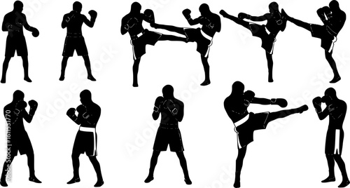 Boxing and Kickboxing Silhouette Vector Set – Fighter Poses and Combat Action on White Background
