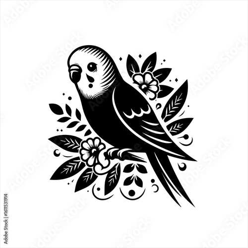 Stylized black and white budgie bird perched with floral elements