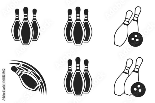Bowling Pins and Ball Icon Set.