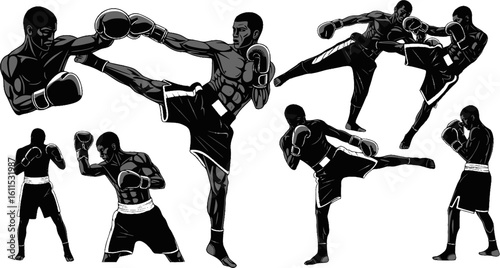 Boxing and Kickboxing Silhouette Vector Set – Fighter Poses and Combat Action on White Background
