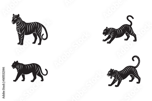 silhouette tiger walking stealthily set bundle on white background