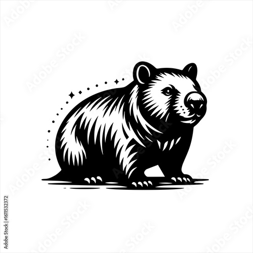 Stylized black and white wombat illustration with sparkles