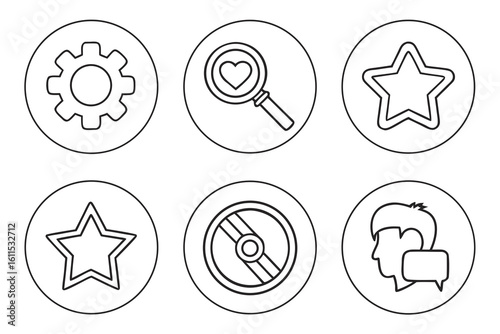 Collection of Six Circular Icons with Various Symbols.