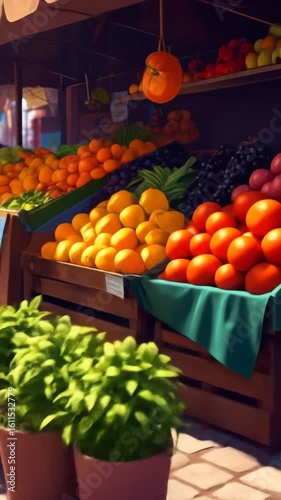 Colorful fruits and vegetables market stall