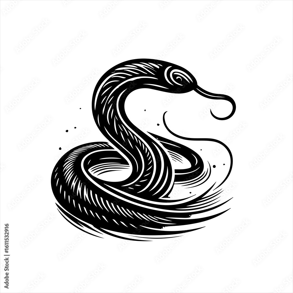 Naklejka premium Stylized black and white illustration of a coiled snake