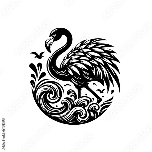 Elegant black flamingo silhouette in a circular water design
