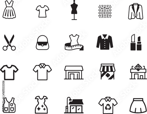 Fashion Iconography Featuring Apparel, Accessories, and Retail Outlets in Black and White Style