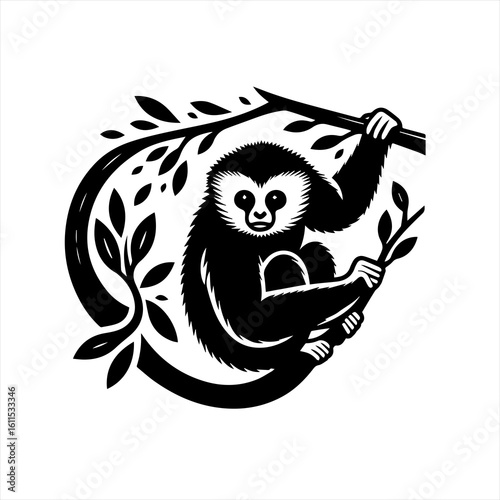 Black and White Gibbon Monkey Silhouette on Branch.