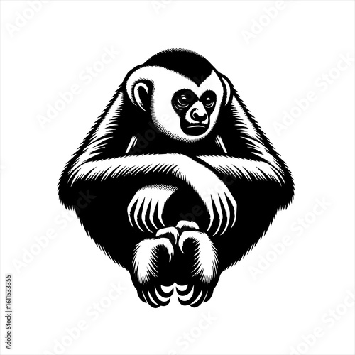 Black and White Gibbon Monkey Illustration.