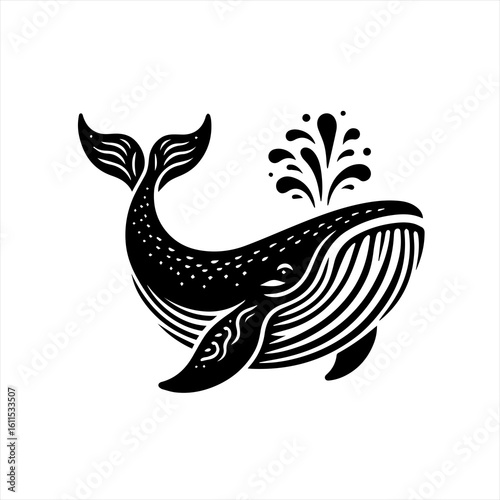 Stylized black and white whale spouting water