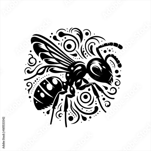 Stylized black wasp with swirling decorative elements