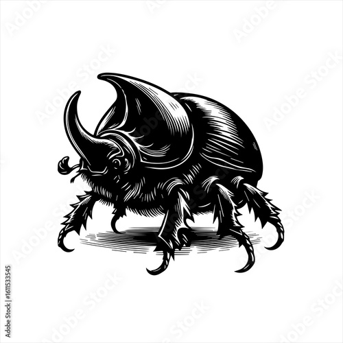 Detailed black and white illustration of a rhinoceros beetle