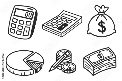 Financial Icons Calculator Money Bag Pie Chart Coins and Bills.