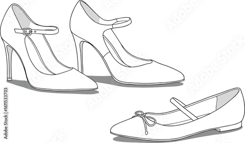 Women’s Heels and Ballerina Shoes Flat Sketch, Fashion Footwear CAD Vector, Technical Drawing Template, Stylish Shoe Design Illustration