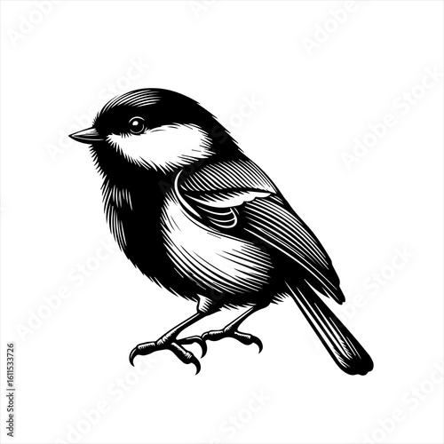 Black and white illustration of a small bird perched