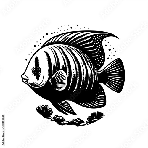 Black and white illustration of a striped angelfish with coral