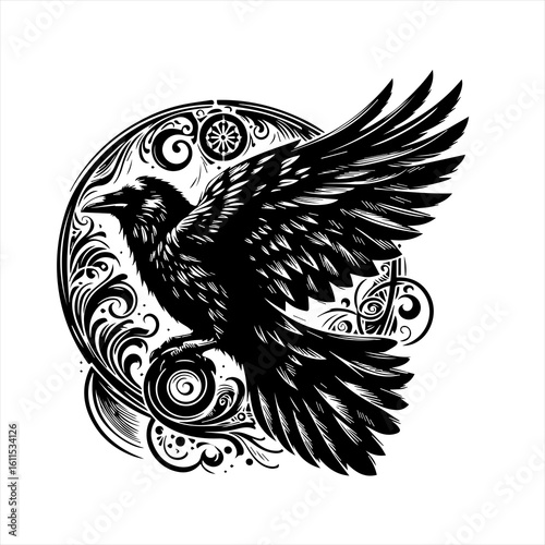 Intricate black raven with decorative circular design