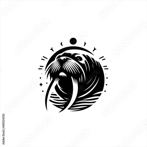 Stylized black and white walrus head emblem with celestial elements