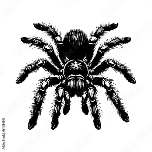 Detailed black and white illustration of a hairy tarantula spider