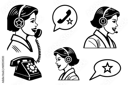 Vintage Call Center Operator and Communication Icons.