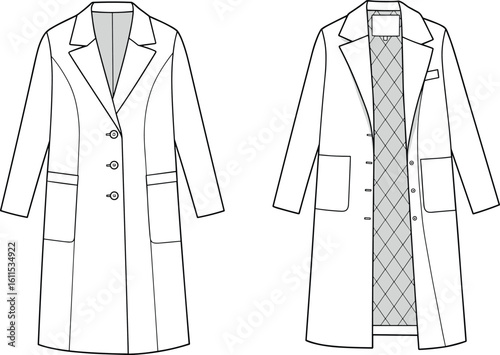Women's Quilted Lining Overcoat Flat Sketch, Fashion CAD Vector, Garment Design Template, Outerwear Technical Drawing, Winter Coat Illustration