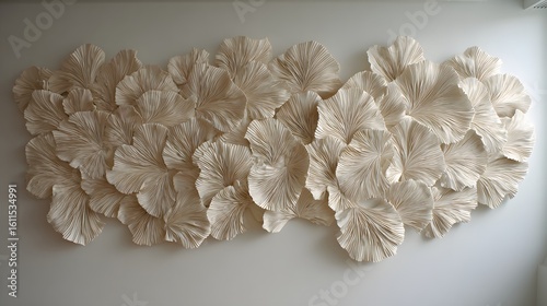 Abstract wall decor featuring pleated paper leaves.