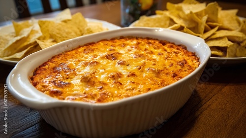 Buffalo chicken dip bubbling a casserole dish served with tortilla chips at a sports party
