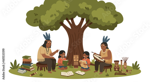Indigenous wisdom shared under the shade of a large tree, fostering learning and cultural heritage