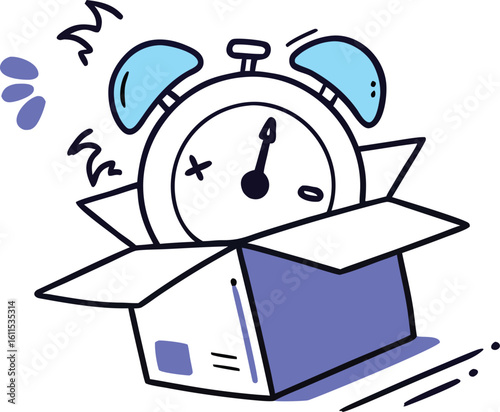 Alarm clock emerging from open box with abstract elements blue