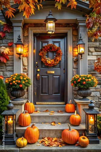 3d icon of a charming house entrance adorned with a festive halloween wreath, glowing jackolanterns, and autumn foliage creates a welcoming and spooky seasonal display