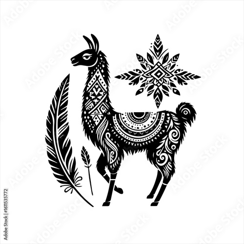 Ornate Llama with Feather and Geometric Design.