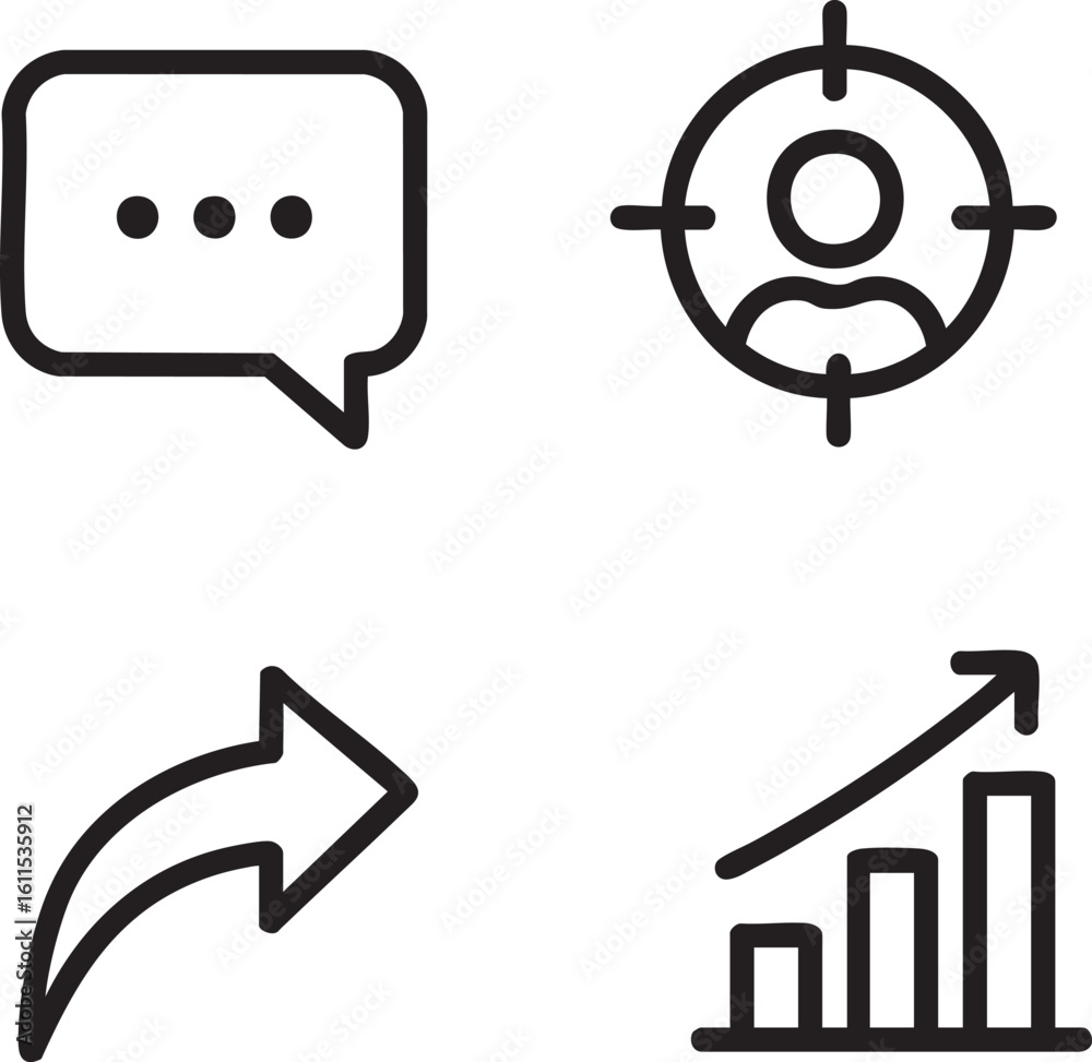 Obraz premium Collection of four simple line icons depicting communication, target audience, share, and growth, ideal for business presentations or marketing materials.