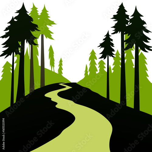  silhouette A moss‑carpeted forest trail under tall trees
 on a white background