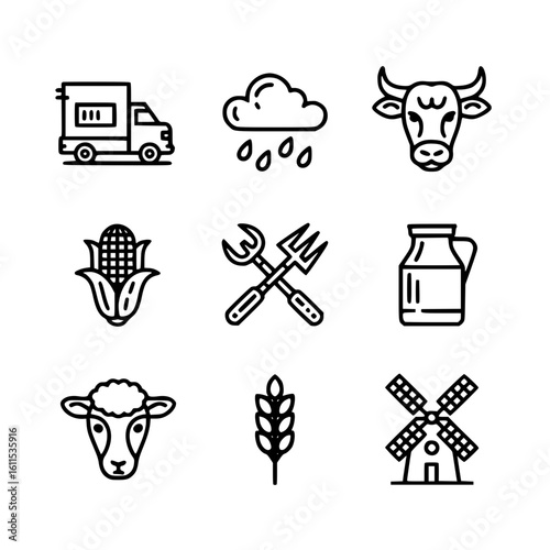 vector illustration presents a collection of nine outline agricultural icons, designed with clean lines and subtle shadows for a modern aesthetic