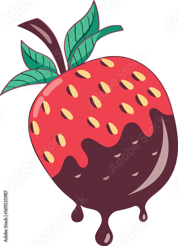 Red strawberry dipped in dark chocolate with green leaves fruit dessert