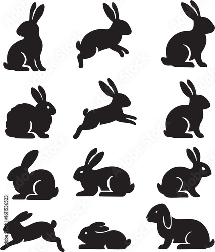 A Collection of Black Silhouette Rabbit Illustrations Depicting Various Poses and Activities of Bunnies Against a White Background