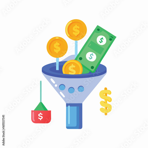 Money funnel with coins and banknotes finance