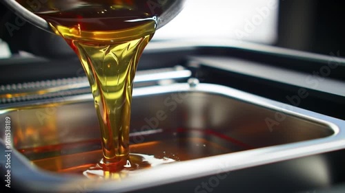 Golden Liquid Cascade: Pouring Honey-Colored Fluid into Stainless Steel Container.