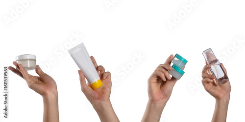 Various Handheld Skincare Products Displayed on White Background
